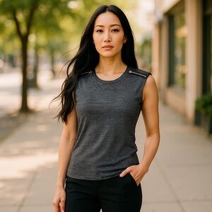 Ann Taylor Petite Navy White Striped Tee Blouse Zipper Accent Shoulders sz MP